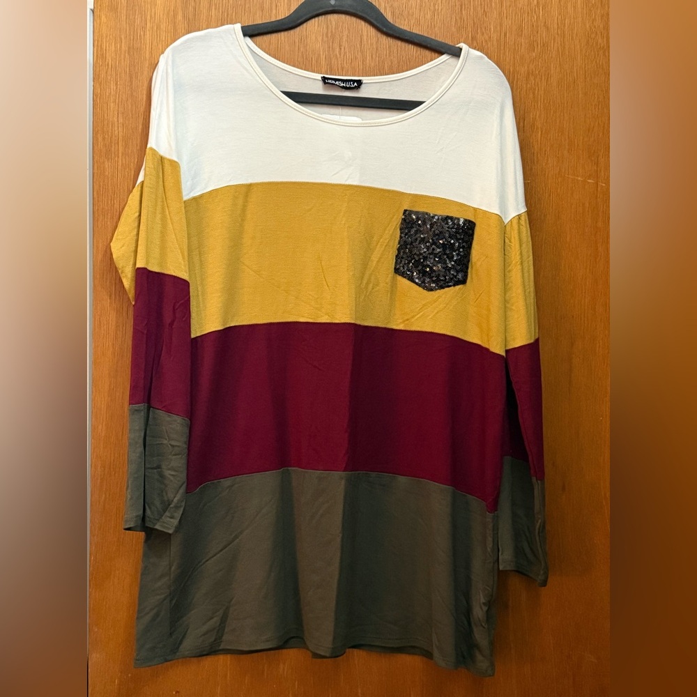 Heimish Color Block Long Sleeve Top with Sequin Pocket